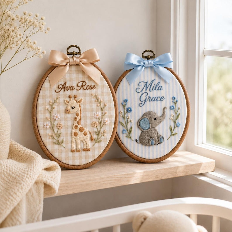 Embroidered Custom Animal Baby Name Sign, Personalized Safari Nursery Hoop, Giraffe Lion Elephant Wall Art