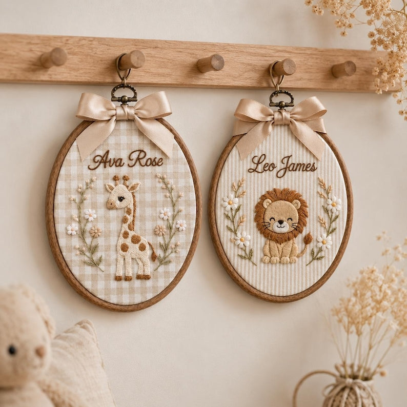 Embroidered Custom Animal Baby Name Sign, Personalized Safari Nursery Hoop, Giraffe Lion Elephant Wall Art