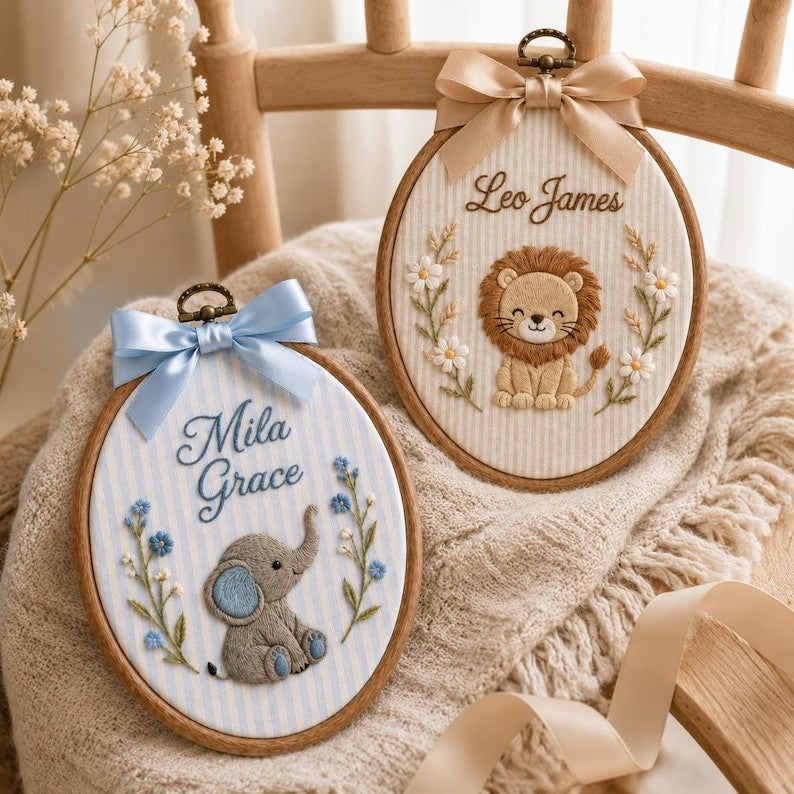 Embroidered Custom Animal Baby Name Sign, Personalized Safari Nursery Hoop, Giraffe Lion Elephant Wall Art