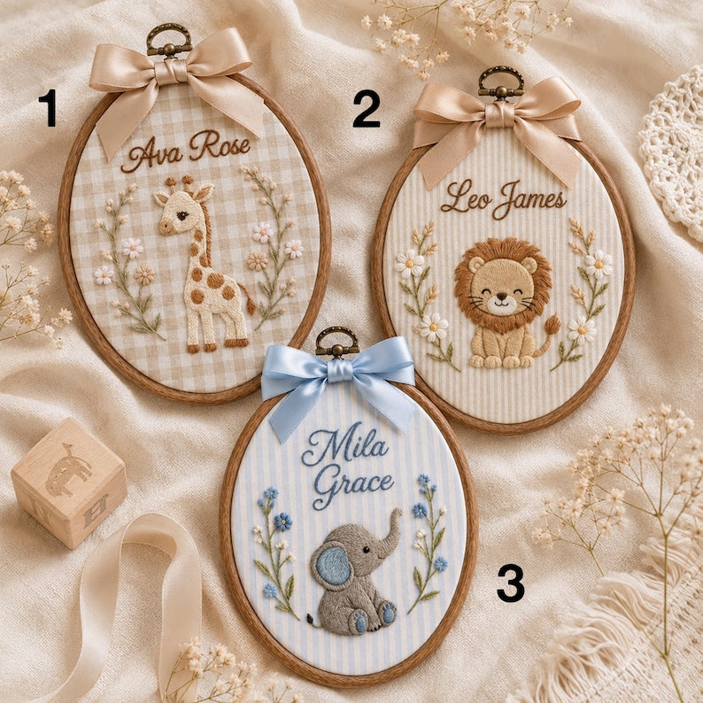 Embroidered Custom Animal Baby Name Sign, Personalized Safari Nursery Hoop, Giraffe Lion Elephant Wall Art