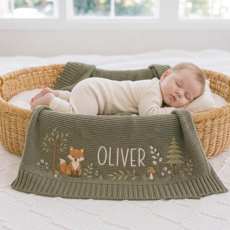Personalized Woodland Fox Baby Blanket, Embroidered Name Keepsake, Forest Knit Nursery Gift