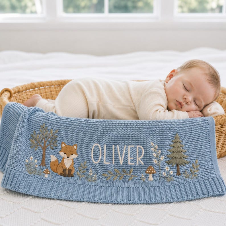 Personalized Woodland Fox Baby Blanket, Embroidered Name Keepsake, Forest Knit Nursery Gift
