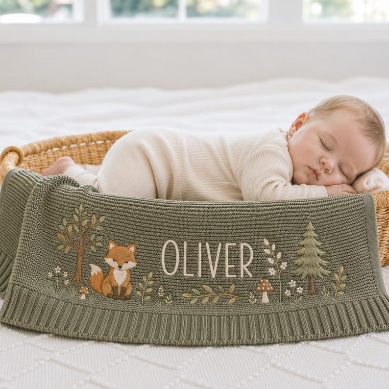 Personalized Woodland Fox Baby Blanket, Embroidered Name Keepsake, Forest Knit Nursery Gift