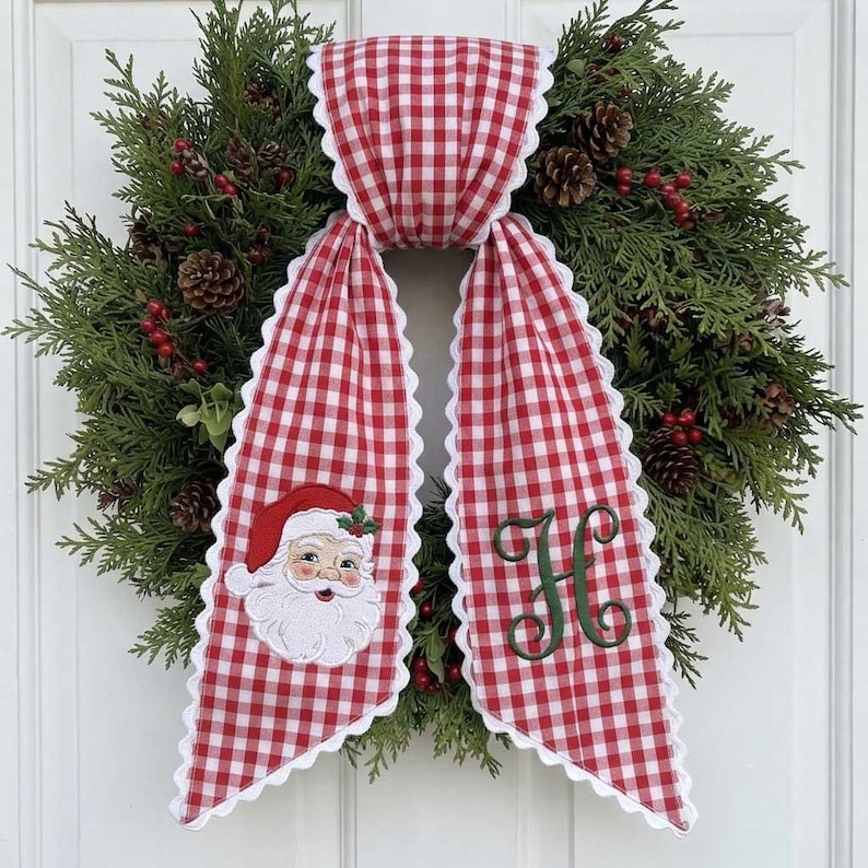 Personalized Embroidered Christmas Wreath Sash, Monogram Letter Wreath Bow, Santa Claus Embroidery Applique