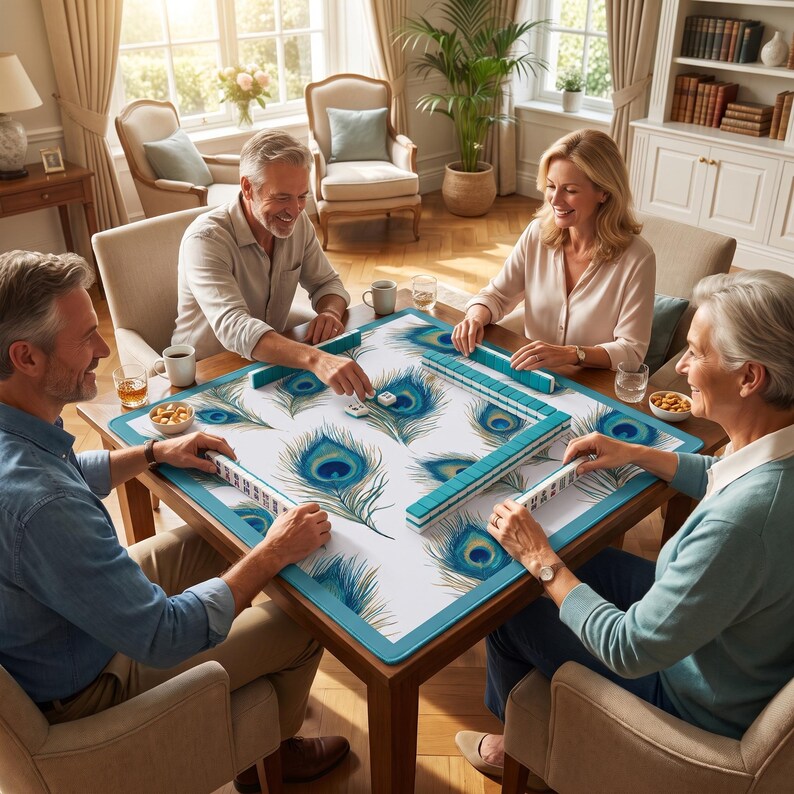 Peacock Feather Mahjong Mat, Non-Slip Game Table Mat