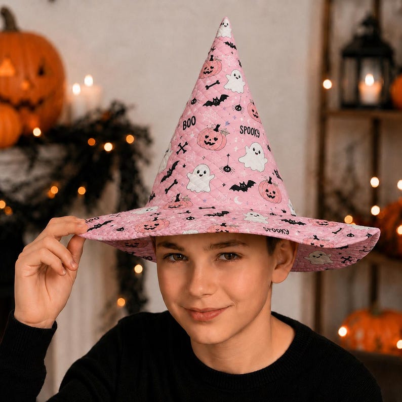Pink Quilted Halloween Witch Hat, Ghost Pumpkin BOO Print, Spooky Costume Headwear