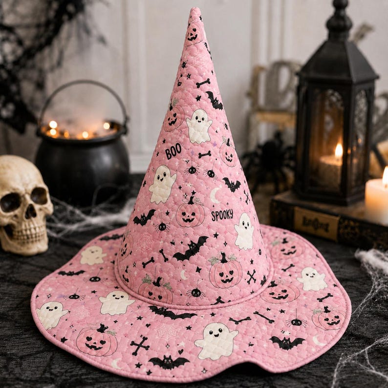 Pink Quilted Halloween Witch Hat, Ghost Pumpkin BOO Print, Spooky Costume Headwear