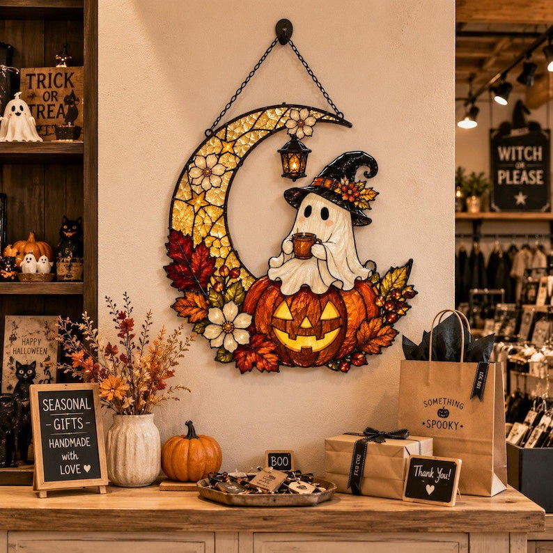Ghost Pumpkin Moon Acrylic Suncatcher, Ghost Drinking Coffee Window Hanging, Halloween Suncatcher