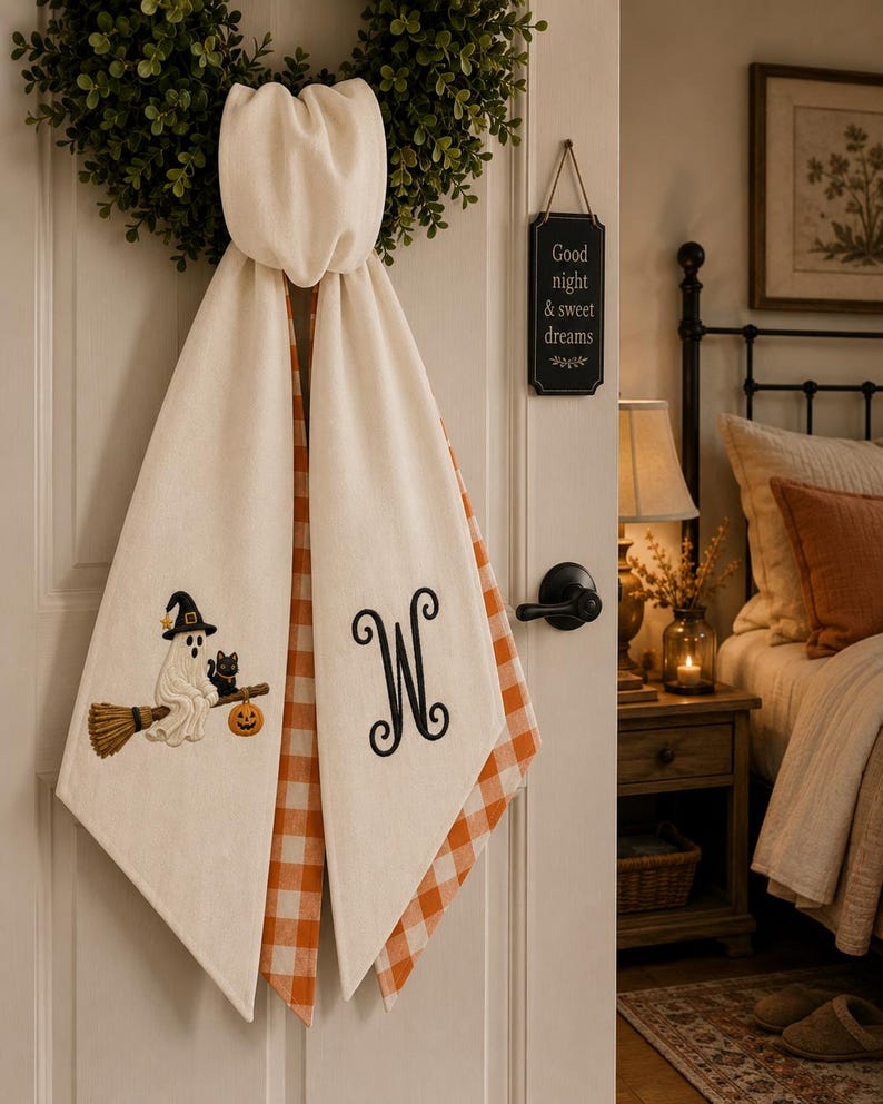 Personalized Ghost With Black Cat Halloween Wreath Sash Bow, Embroidered Ghost Door Hanger, Custom Monogram Fall Porch Decoration