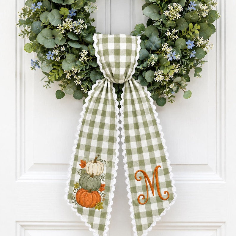 Fall Pumpkin Embroidered Sash, Sage Gingham Monogram Door Bow, Harvest Wreath Front Door Decor