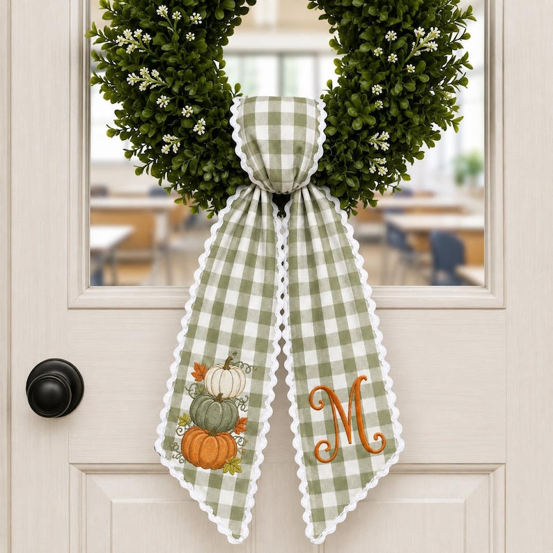Fall Pumpkin Embroidered Sash, Sage Gingham Monogram Door Bow, Harvest Wreath Front Door Decor