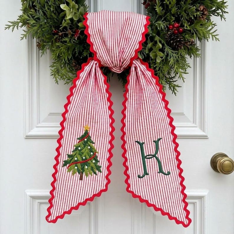 Custom Embroidered Christmas Wreath Sash, Red Striped Ribbon Door Decor, Monogram Tree Accent