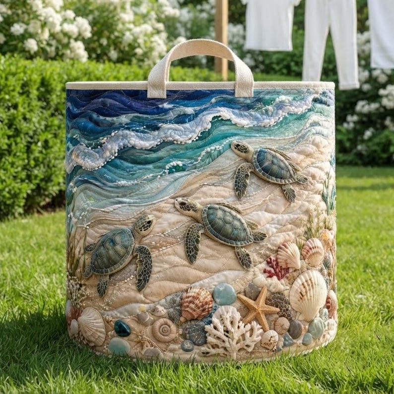 Turtle Sea Quilted Laundry Basket, Coastal Ocean Marine Life Storage Bin, Quilt Fabric Hamper