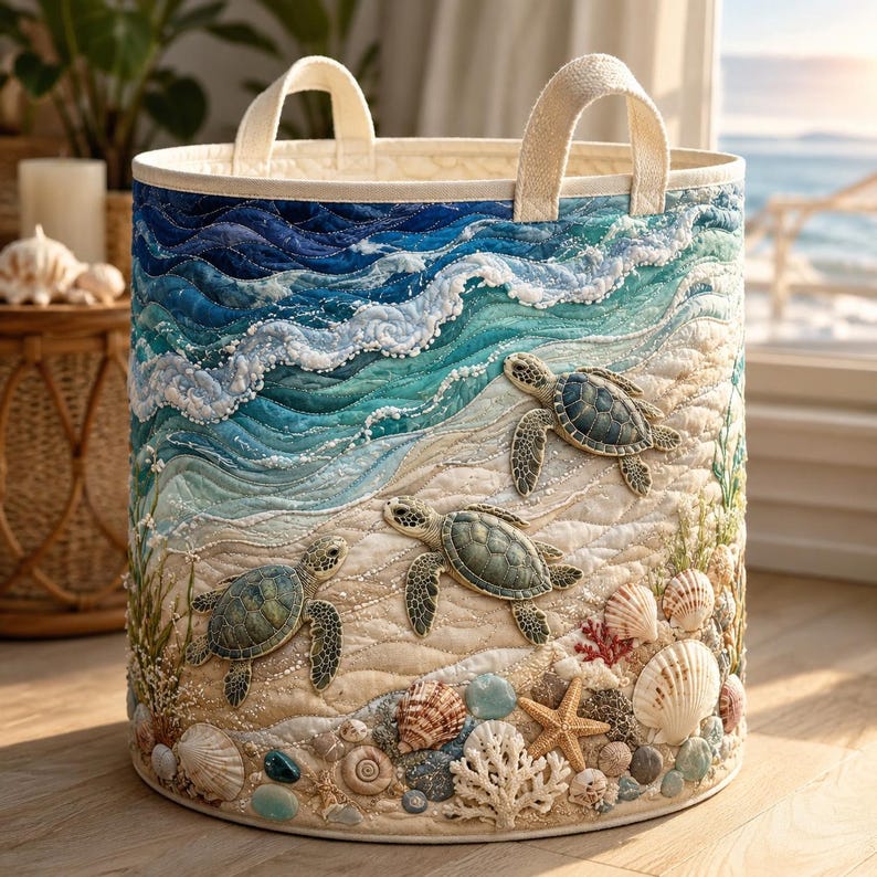 Turtle Sea Quilted Laundry Basket, Coastal Ocean Marine Life Storage Bin, Quilt Fabric Hamper