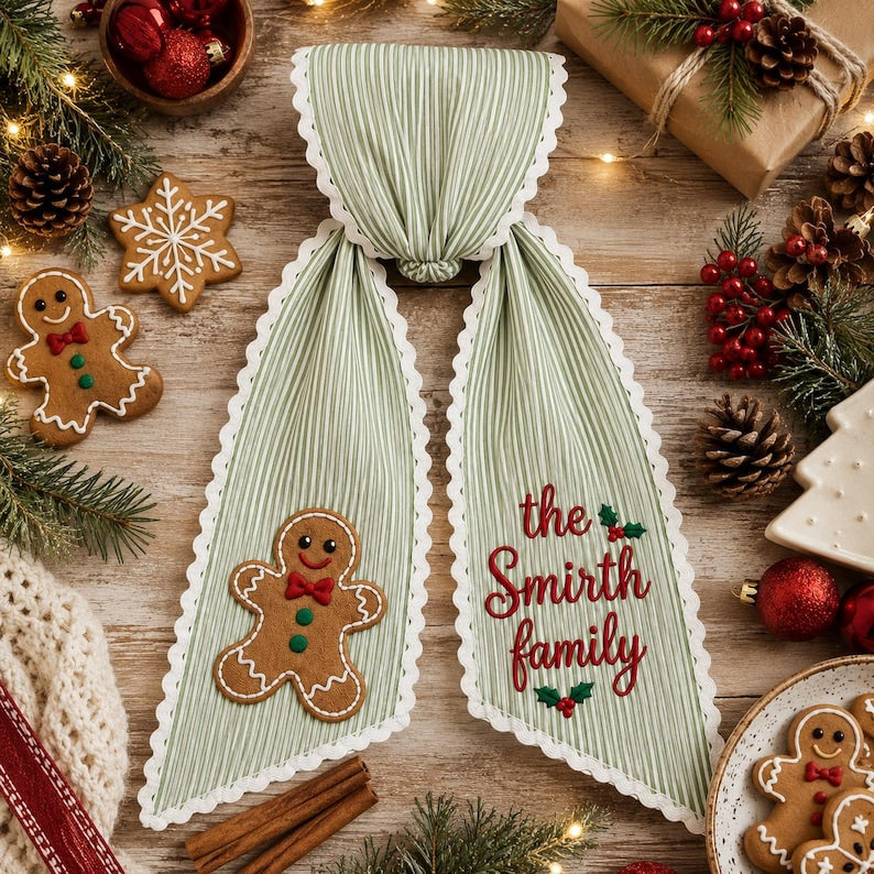 Personalized Gingerbread Christmas Wreath Sash, Custom Family Name Door Bow, Embroidered Holiday Wreath Bow
