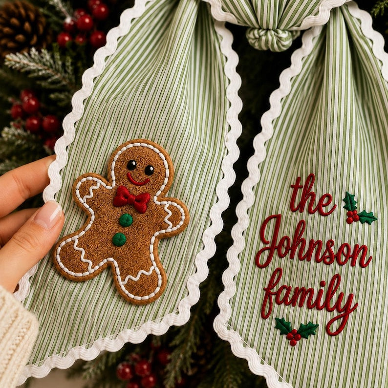 Personalized Gingerbread Christmas Wreath Sash, Custom Family Name Door Bow, Embroidered Holiday Wreath Bow