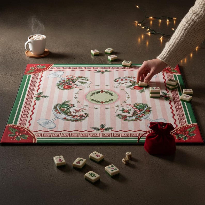 Christmas Toile Chinoiseries Mahjong Mat, Santa Tree Tartan Game Mat, Preppy Holiday Mahjong Gift, Non Slip Table Cover