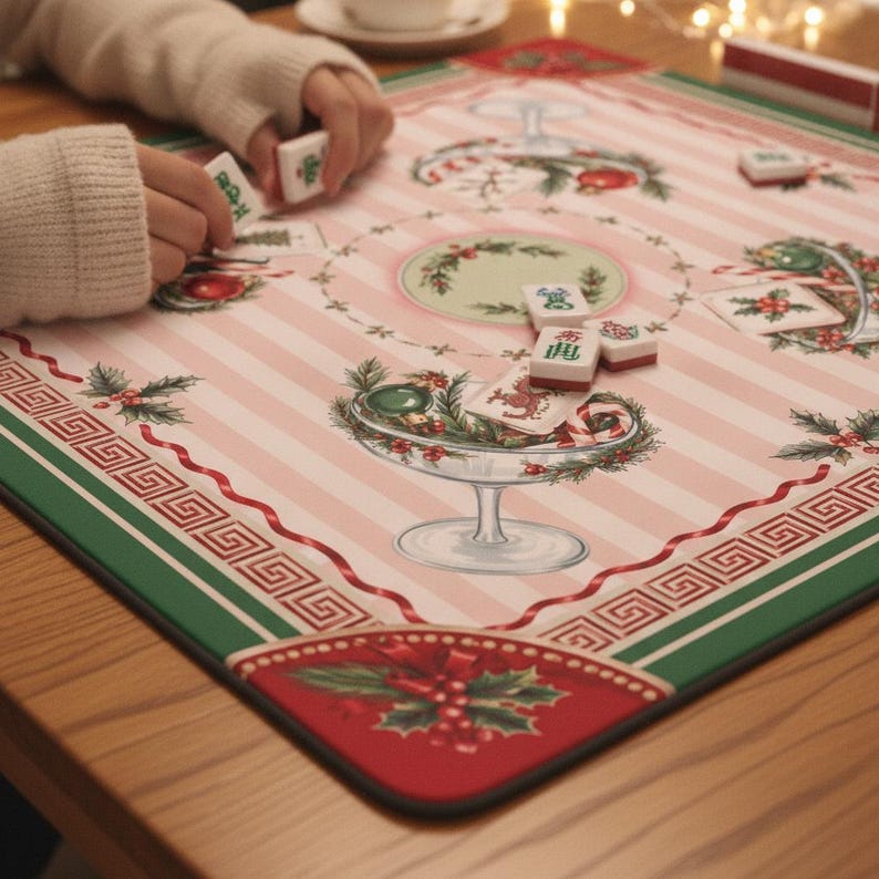 Christmas Toile Chinoiseries Mahjong Mat, Santa Tree Tartan Game Mat, Preppy Holiday Mahjong Gift, Non Slip Table Cover