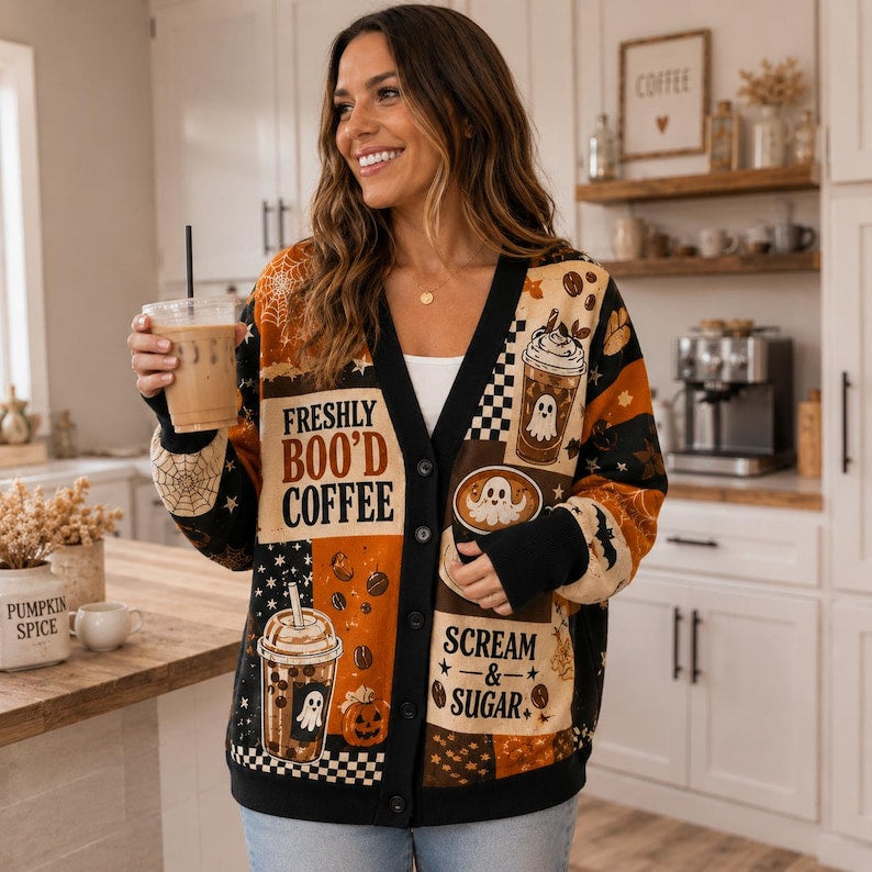Cardigan Sweater Knit Spooky Coffee Ghost Halloween Graphic Print Patchwork Orange Black