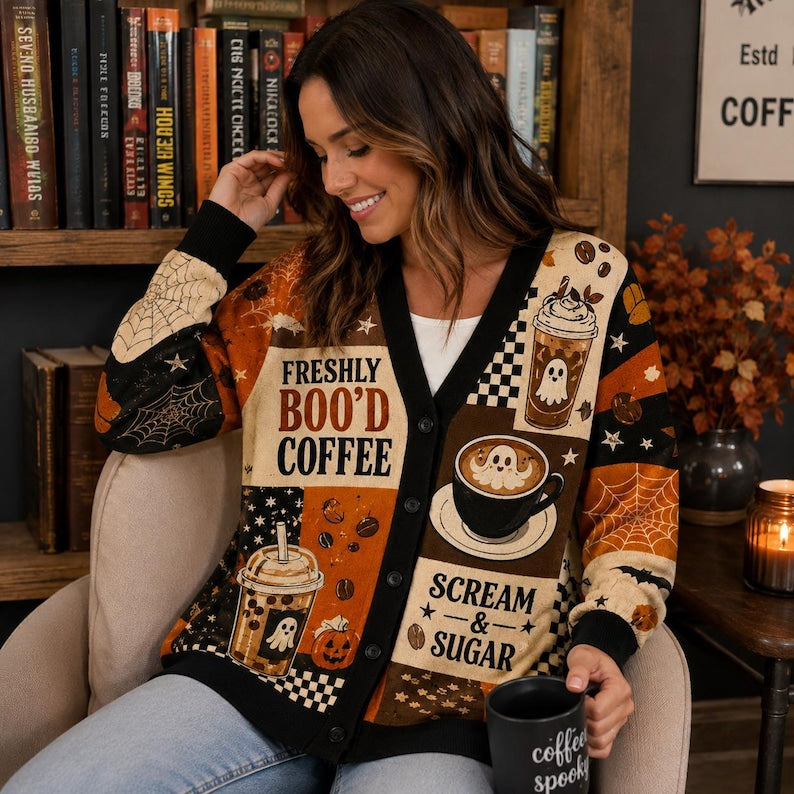 Cardigan Sweater Knit Spooky Coffee Ghost Halloween Graphic Print Patchwork Orange Black
