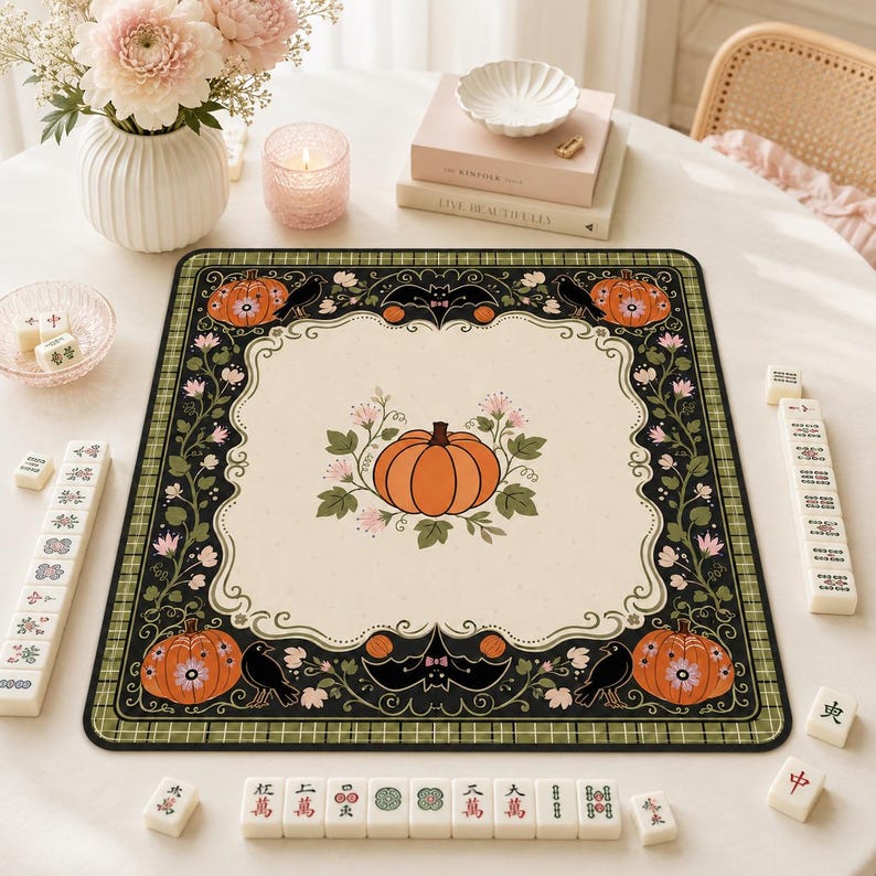 Halloween Pumpkin Mahjong Mat Spooky Game Night Table Decor Autumn Holiday Playmat Festive Seasonal