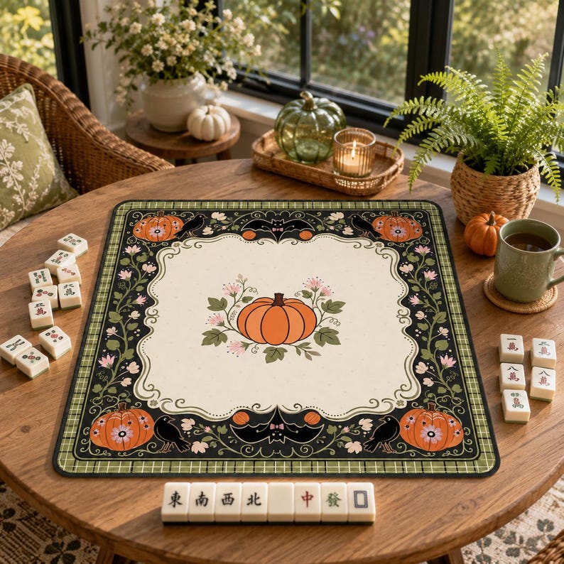 Halloween Pumpkin Mahjong Mat Spooky Game Night Table Decor Autumn Holiday Playmat Festive Seasonal