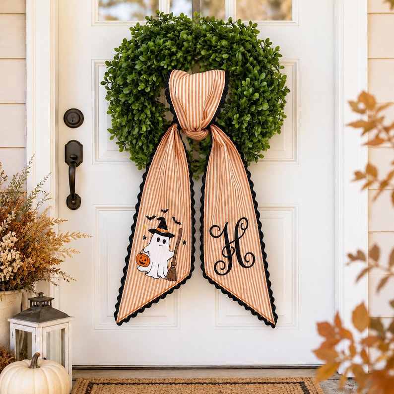 Custom Witch Ghost Halloween Embroidered Wreath Sash, Spooky Sash, Custom Fall Season Front Door Decor