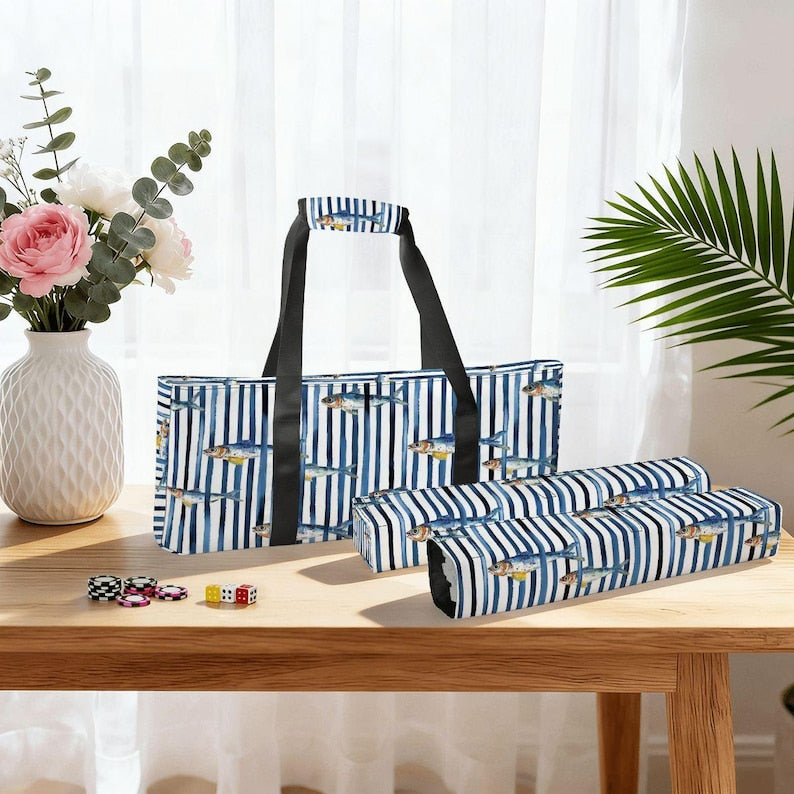 Blue Fish Mahjong Bag Set, Mahjong Tote Bag, Mahjong Tile Bag, Mahjong Rack Bag, Coastal Mahjong Carrier