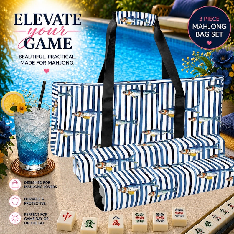 Blue Fish Mahjong Bag Set, Mahjong Tote Bag, Mahjong Tile Bag, Mahjong Rack Bag, Coastal Mahjong Carrier