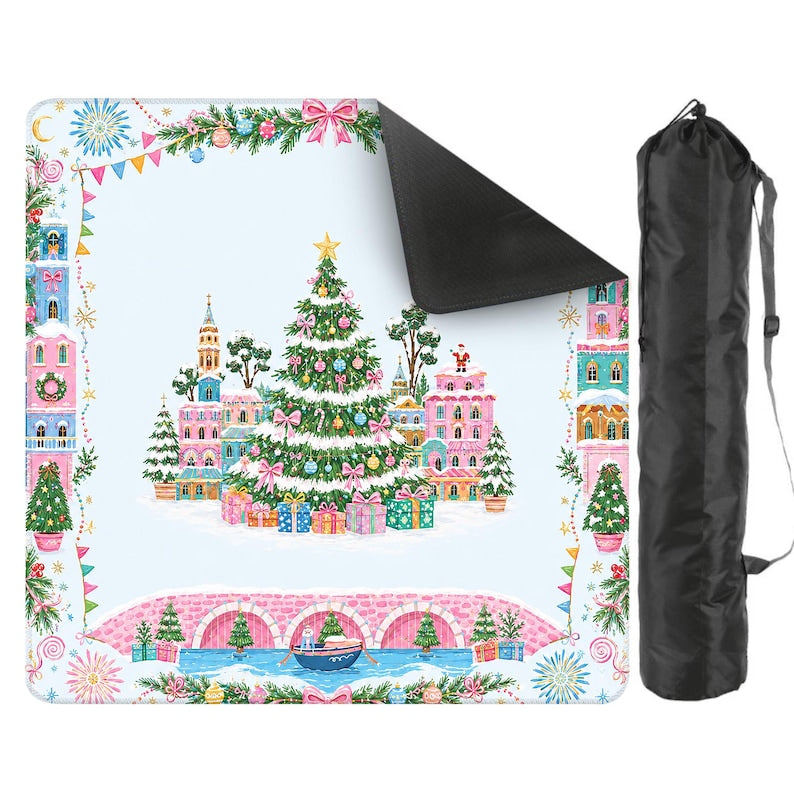 Christmas Mahjong Mat With Santa Sleigh Scenic Winter Village Art, Festive Holiday Game Table Mat, Unique Xmas Gift