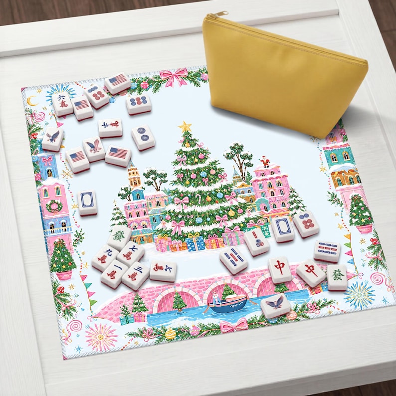 Christmas Mahjong Mat With Santa Sleigh Scenic Winter Village Art, Festive Holiday Game Table Mat, Unique Xmas Gift
