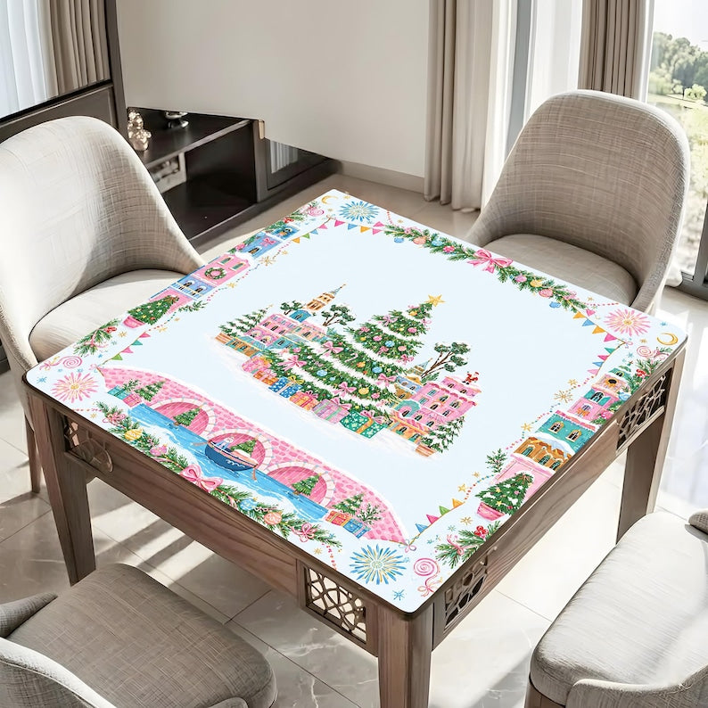 Christmas Mahjong Mat With Santa Sleigh Scenic Winter Village Art, Festive Holiday Game Table Mat, Unique Xmas Gift