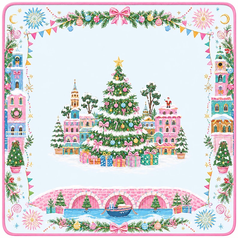 Christmas Mahjong Mat With Santa Sleigh Scenic Winter Village Art, Festive Holiday Game Table Mat, Unique Xmas Gift