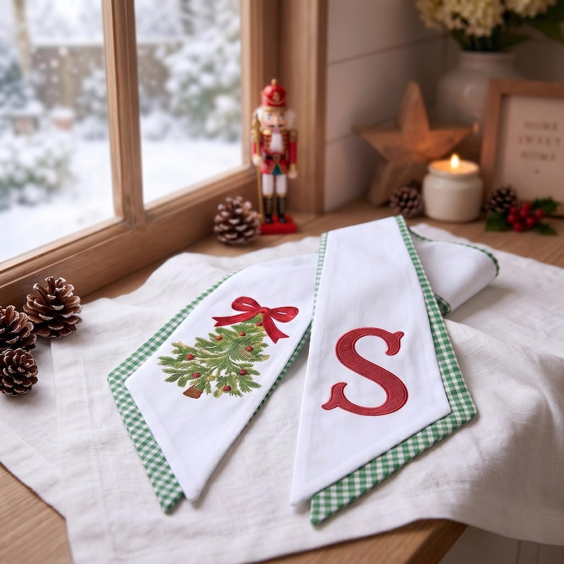 Embroidered Personalized Christmas Bow Tree Wreath Sash, Monogram Letter Embroidered Winter Embroidery Sash Door Decor