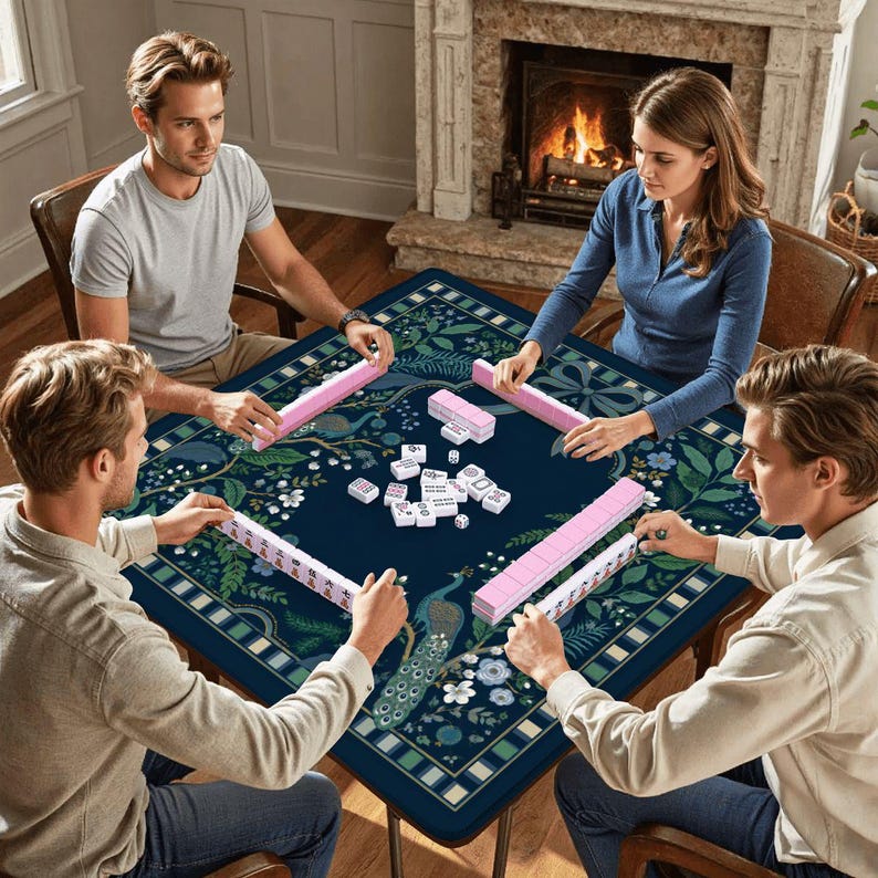 Navy Peacock Mahjong Mat, Midnight Botanical Mahjong Mat, Floral Garden Playing Mat, Elegant Mahjong Gift