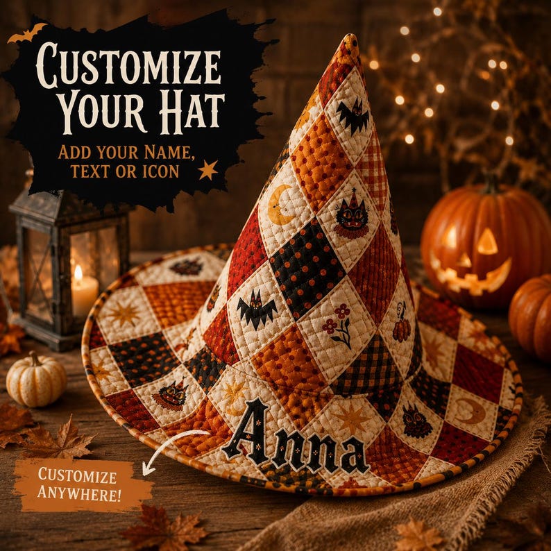 Vintage Halloween Quilted Witch Hat, Retro Patchwork Witch Costume Hat, Spooky Season Party Hat