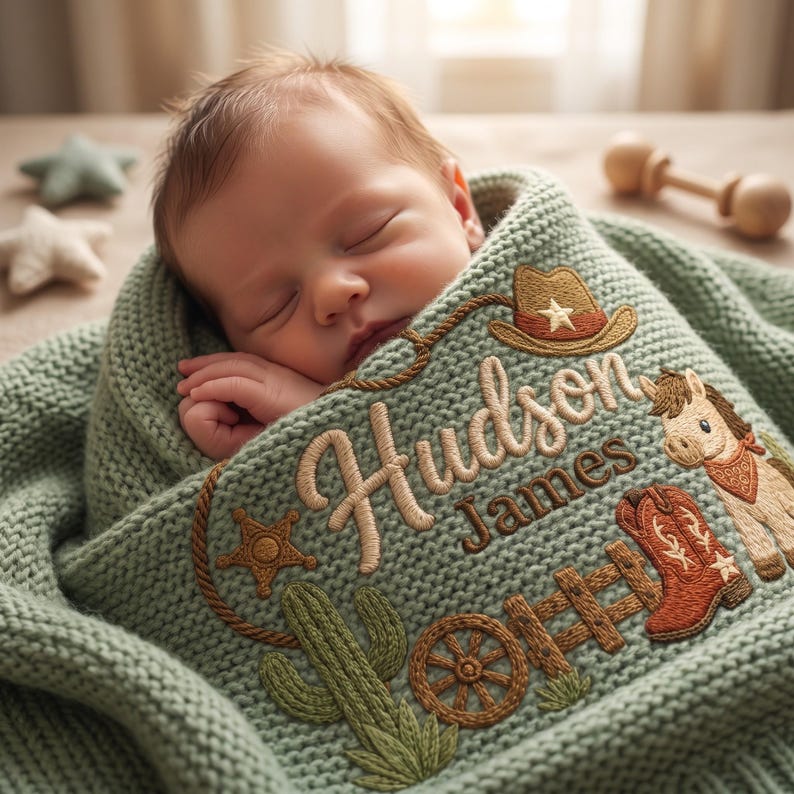 Personalized Cowboy Horse Baby Blanket Name, Custom Embroidered Cowboy Hat Boot Baby Shower Gift
