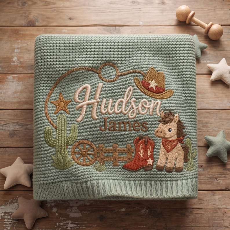 Personalized Cowboy Horse Baby Blanket Name, Custom Embroidered Cowboy Hat Boot Baby Shower Gift