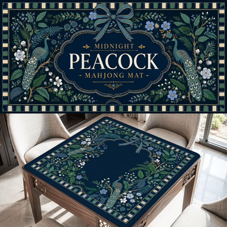 Navy Peacock Mahjong Mat, Midnight Botanical Mahjong Mat, Floral Garden Playing Mat, Elegant Mahjong Gift