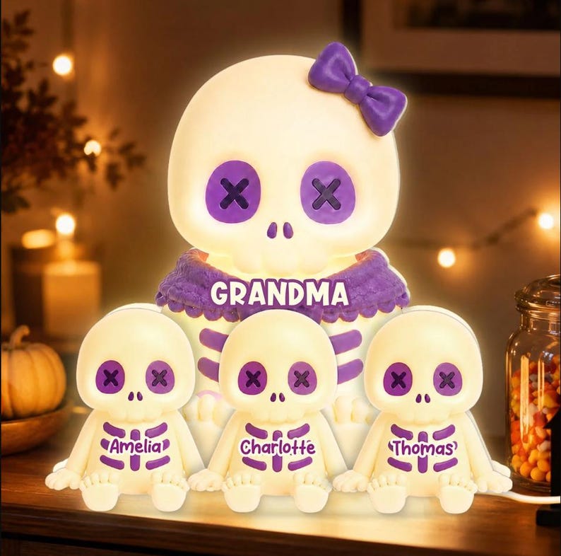 Cute Skeleton Grandma Grandkids Fall Halloween Decor, Personalized LED Light Box, Halloween Night Light