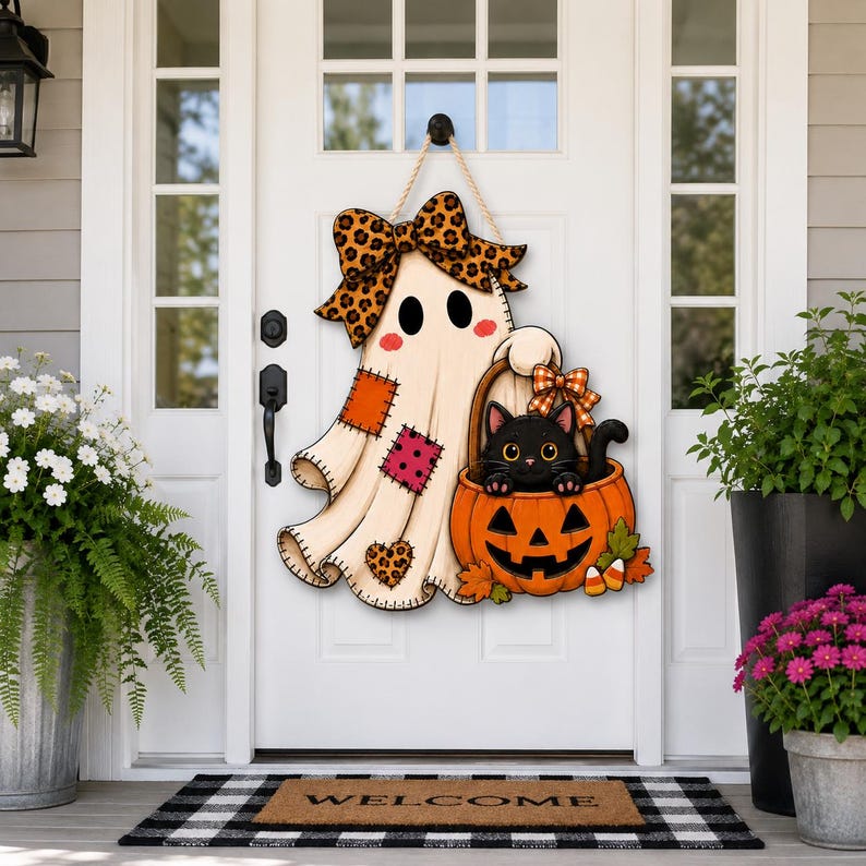 Halloween Ghost Door Hanger, Black Cat Pumpkin Leopard Bow Fall Decor