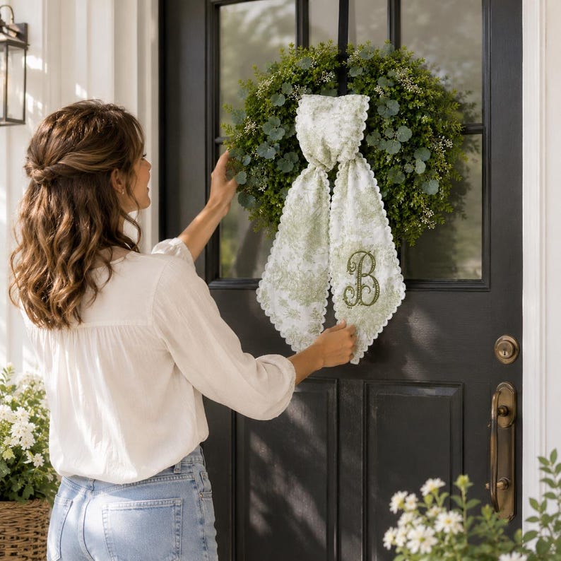 Toile Monogram Wreath Sash, Embroidered Sage Green Door Tie, Grandmillennial Decor