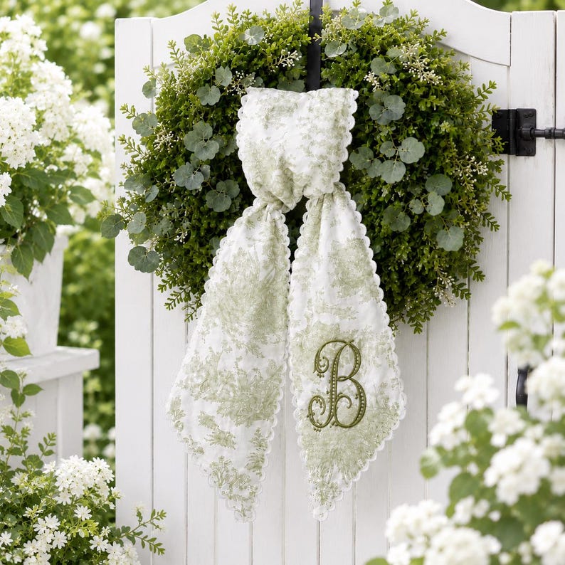 Toile Monogram Wreath Sash, Embroidered Sage Green Door Tie, Grandmillennial Decor