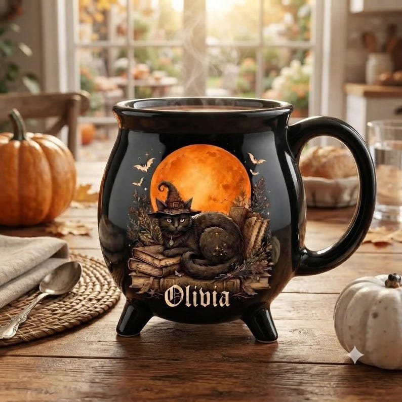 Personalized Witch Cauldron Mug, Custom Black Cat Halloween Coffee Cup