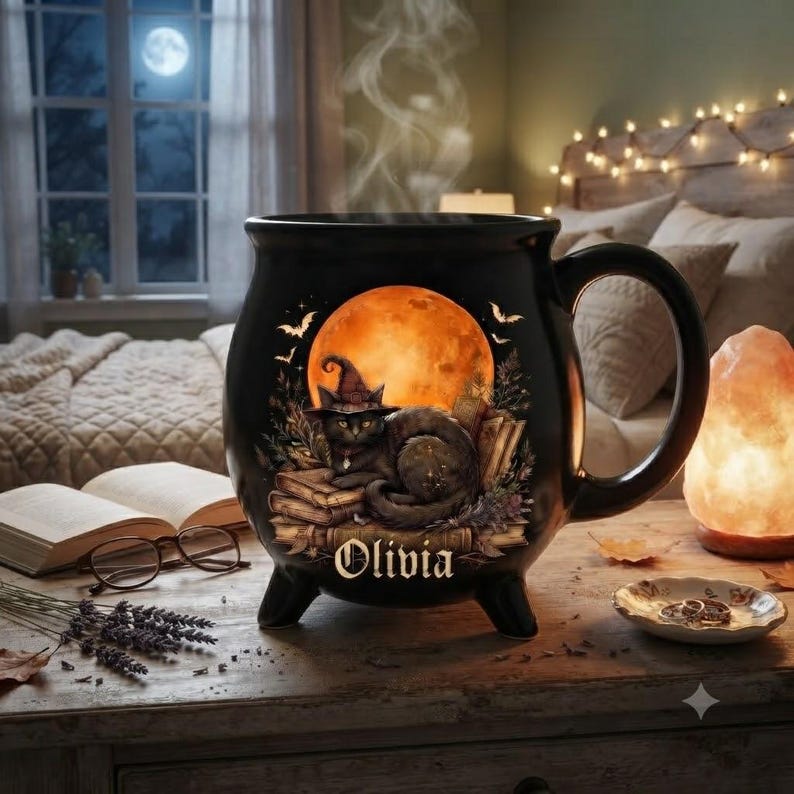 Personalized Witch Cauldron Mug, Custom Black Cat Halloween Coffee Cup