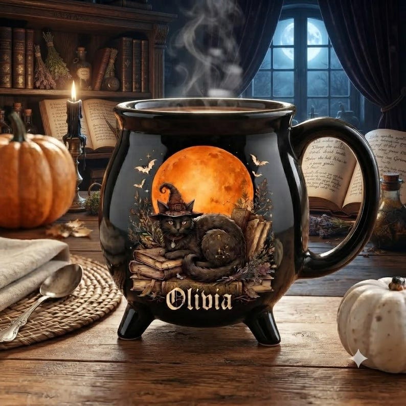 Personalized Witch Cauldron Mug, Custom Black Cat Halloween Coffee Cup