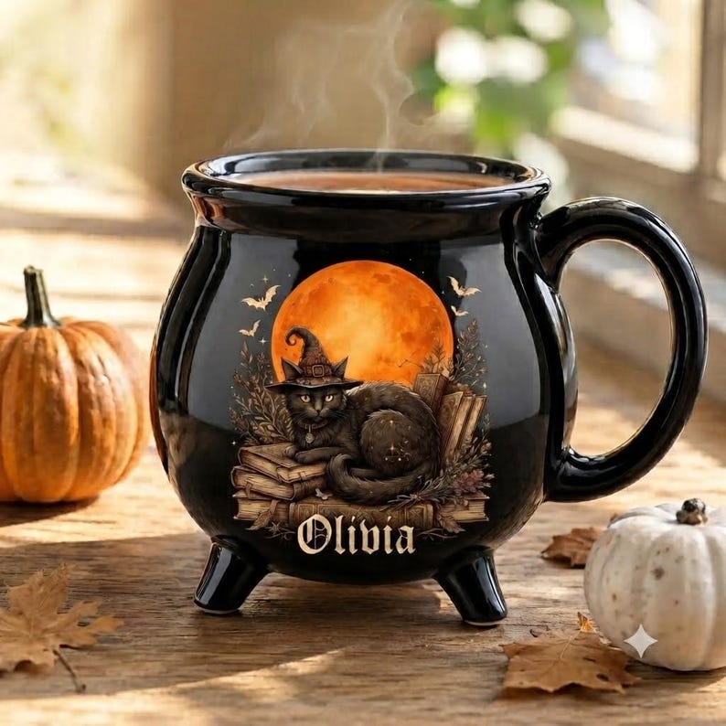 Personalized Witch Cauldron Mug, Custom Black Cat Halloween Coffee Cup