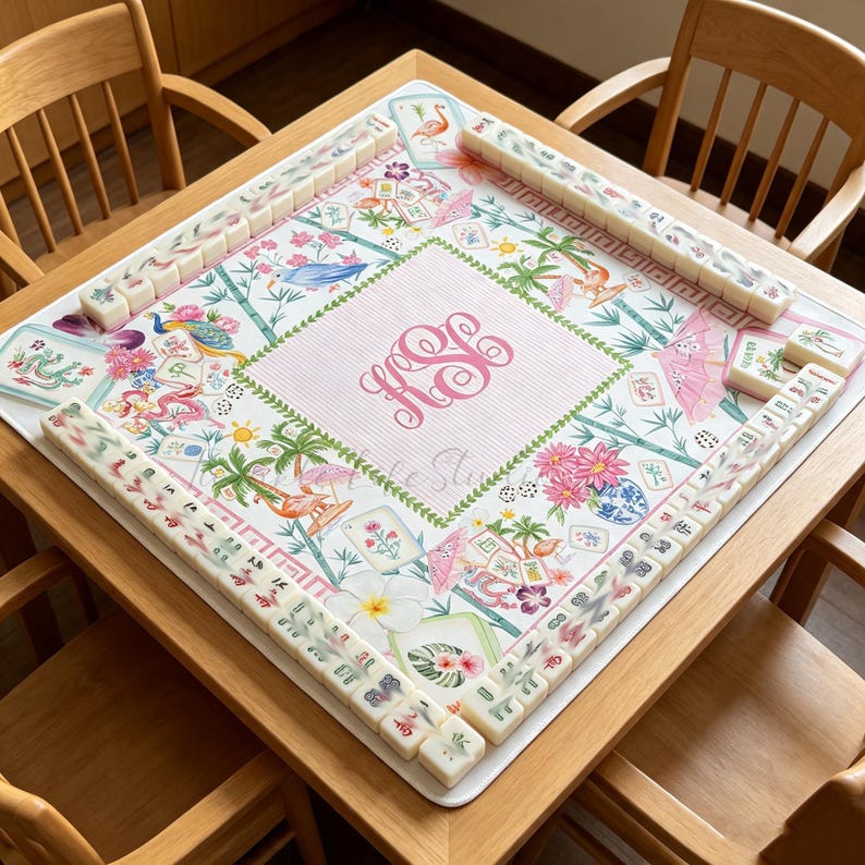 Personalized Monogram Printed Majiong Mat, Luxurious Mahjong Table Cover, Tropical Table Cover