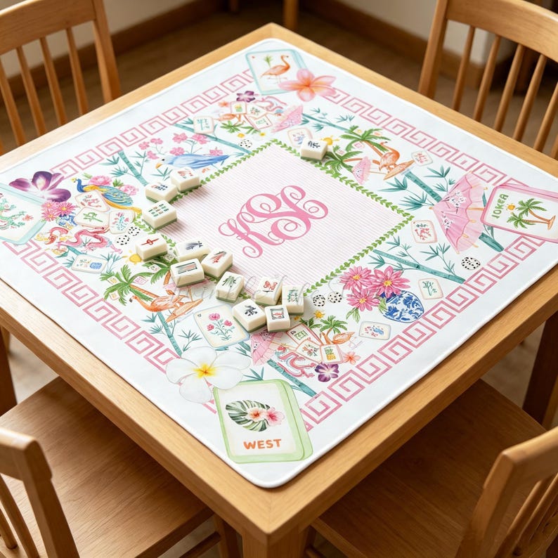 Personalized Monogram Printed Majiong Mat, Luxurious Mahjong Table Cover, Tropical Table Cover