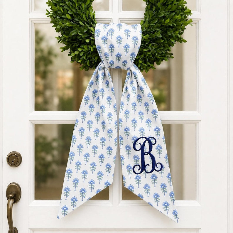 Personalized Monogram Wreath Bow, Blue Floral Door Sash, Custom Front Door Ribbon, Spring Summer Entryway Decor